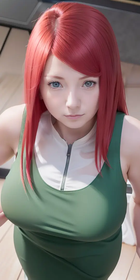 Kushina uzumaki. A woman was in a room. Looks like she's wearing a green dress. With her tracted breasts it looks round and big....
