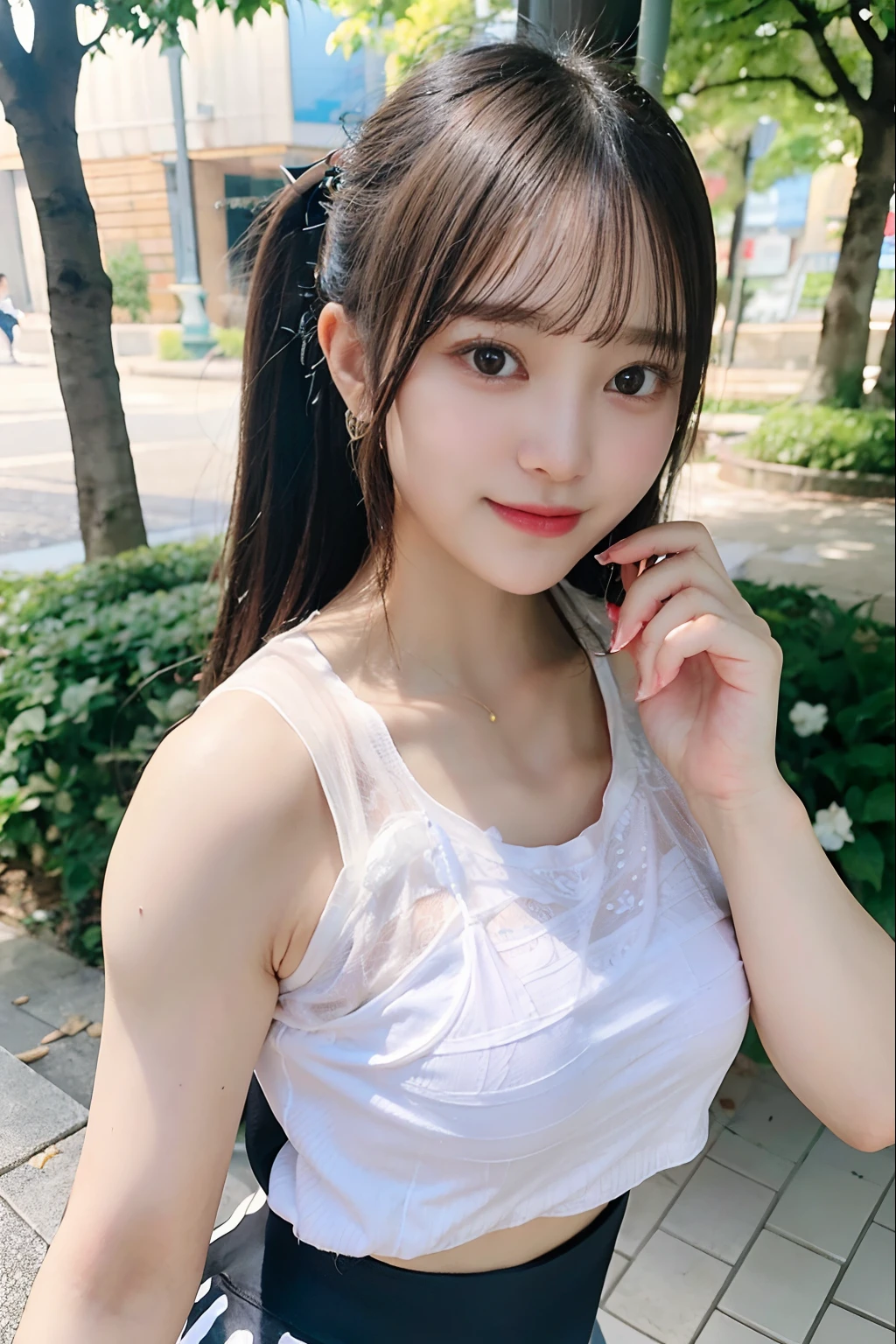 Girl running in the park,(((Drink bottled water))),Jade sweat,(Expressed  with a glossy iridescent metallic luster、Bright sports bra and  leggings.:1.3).Glossy light brown and orange striped shorthair,disheveled  ponytail - SeaArt AI