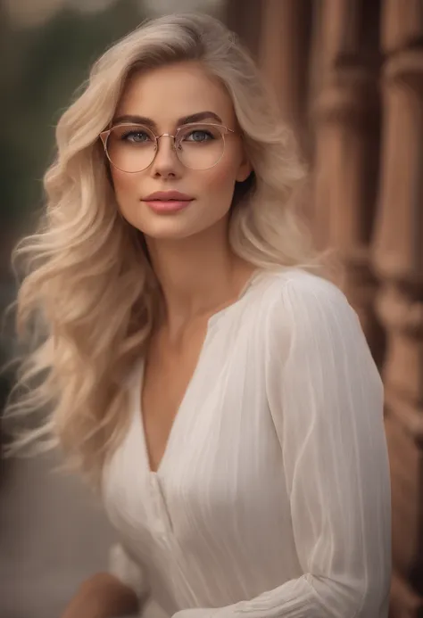 A woman with glasses and a white dress posing for a picture - SeaArt AI