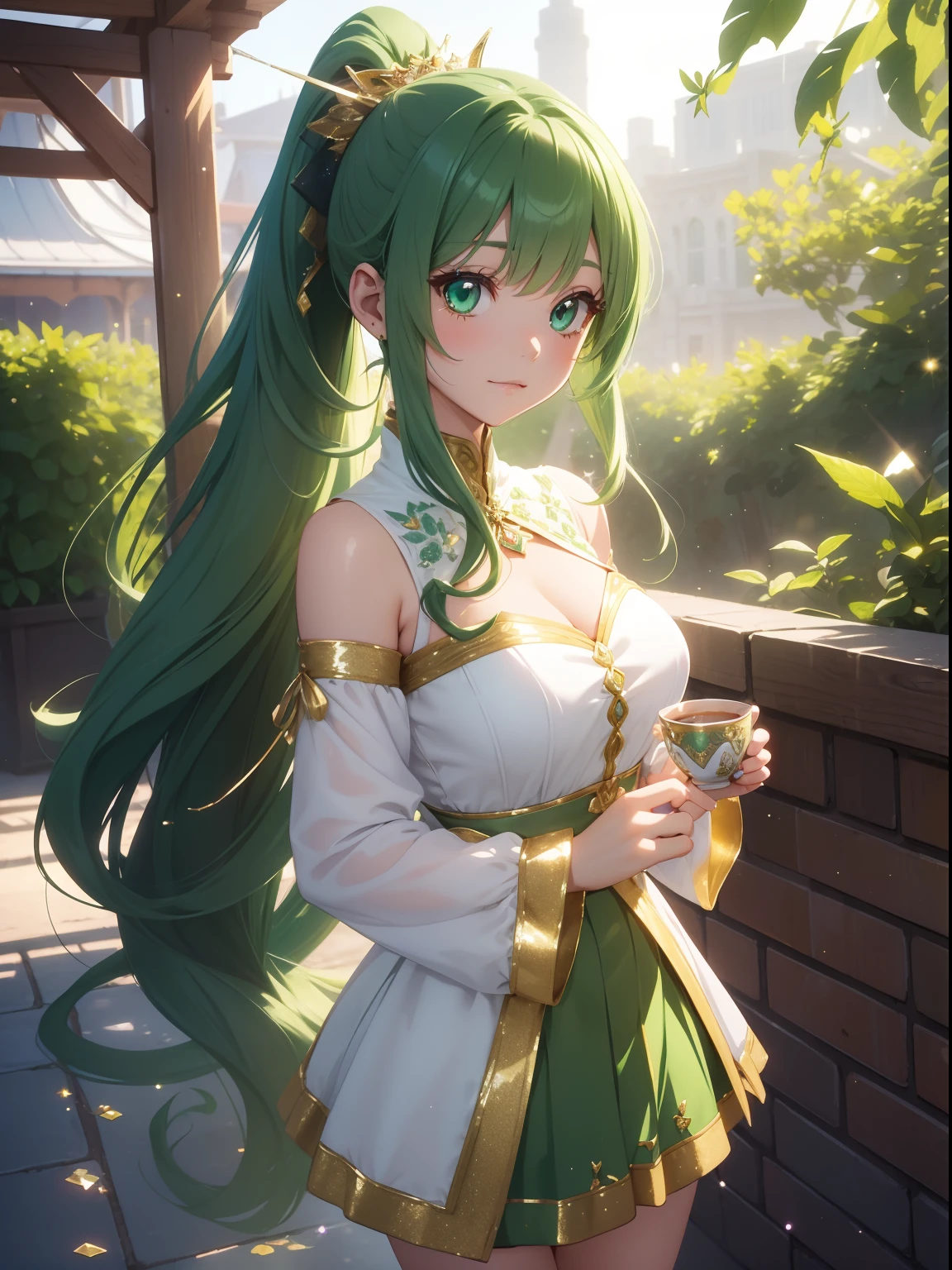 masutepiece, High resolution, 8K, anime woman, Delicate and detailed writing 、Detailed digital illustration、absurdly long hair、(((Ponytail)))、Shiny hair、a very beautiful woman、Eyes are double, Large,Little hanging eyes、 Bust E Cup、High image quality, High quality、Detailed background、(((Wearing idol clothes)))、(Fashionable café background))、The inside of the eye shines like a diamond、(((Dark green hair)))、Gradient pupil、(((2 arms、4 fingers, 1 thumb)))、Detailed female face、a very beautiful woman、、Detailed background、​masterpiece、Soft Focus , Bright gradient watercolor , Lens Flare , (((glitter))) , Glow , Dreamy , (((Holding tea in hand)))、a miniskirt、idol、Light Green Ribbon、Very beautiful light green rose hair accessories、Light green and gold costume with white as the main color、((ass pov))、Cool Girl).Tall lady、Dignified.((No bangs))、A smile