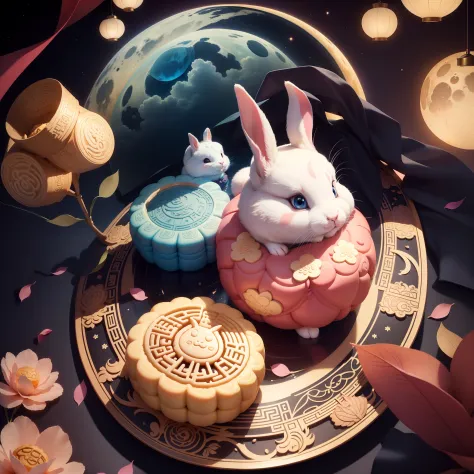 Mid-Autumn Festival poster The image of a rabbit eating a delicious mooncake，blue backdrop，Pink rabbit，Auspicious clouds，palaces，Moon，teeth，NOhumans