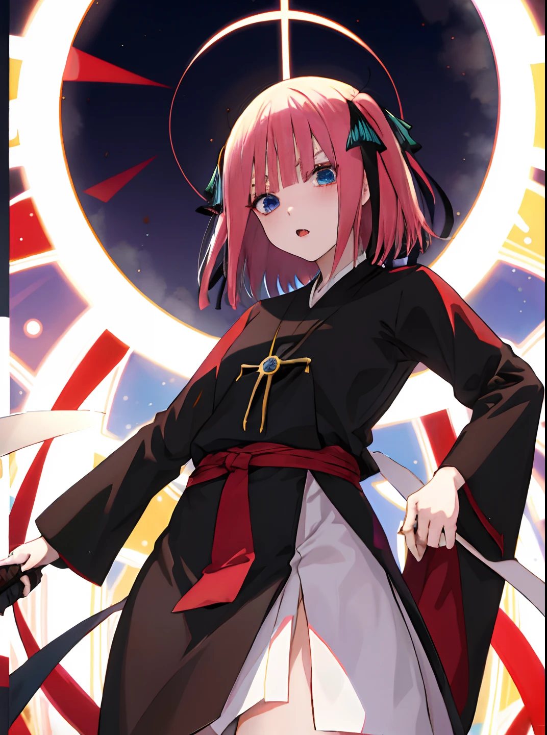 Anime girl with pink hair and a sword in front of a circular background -  SeaArt AI