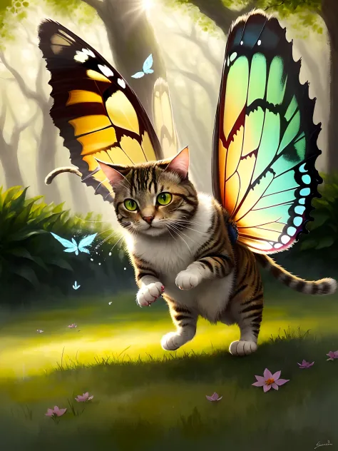 (best quality,ultra-detailed,realistic),cat,capturing a butterfly,majestic,focused,garden setting,playful,graceful,soft fur,sharp claws,pouncing motion,carefully poised,green grass,sunlight streaming through trees,delicate butterfly wings,colorful,fragile,...