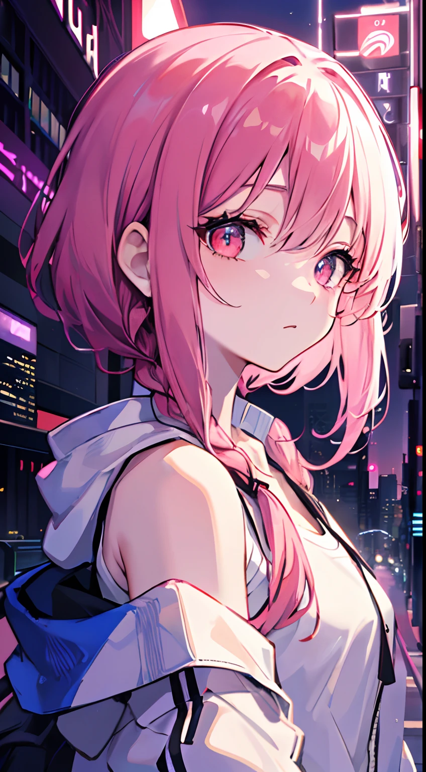 1girl, solo, , , (very_long_pink_hair), braids, (red_eyes), medium_breasts, (white_shirt:1.5), (windbreaker), (off_shoulder:1.2), (portrait), glowing_eyes, background_light, (cityscape:1.5), (neon_lights:1.2), (science), cyberpunk, ((masterpiece)), (highres), (best_quality), (highly_detailed), (original),(Delicate background),(extremely detailed 8K wallpaper),cinematic lighting, volume lighting, light particles, shaded_face, beautiful_detailed_eyes, depth_of_field, perspective,