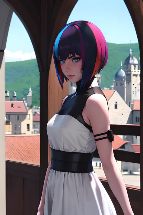 absurderes, top-quality, 1girl in, 独奏, looking at the viewers, eyes focus, motoko_kusanagi, multicolored hair, White Collar Dres...