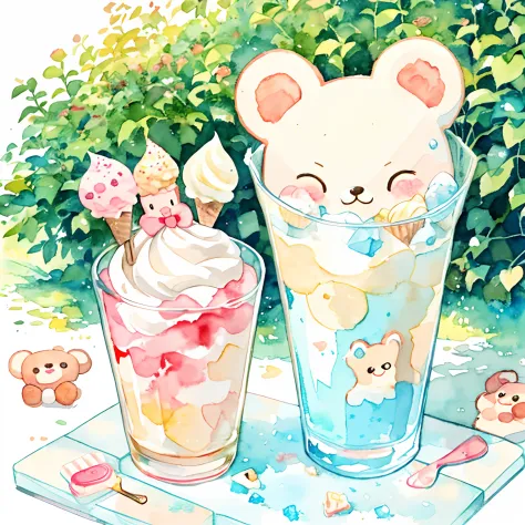 masterpiece, (Cute Illustrations: 1.5), (Watercolor: 1.2), ice cream, Colorful, many ice creams, fox doll, bear doll