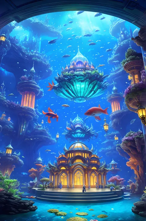 Fantasy concept art, a transparent palace as a huge aquarium with fish at night, world of water, beautiful light decoration, wide angle lens, 8k octane rendering, realistic, epic shots, movie lighting, detailed architecture, detailed fish, brilliant and co...