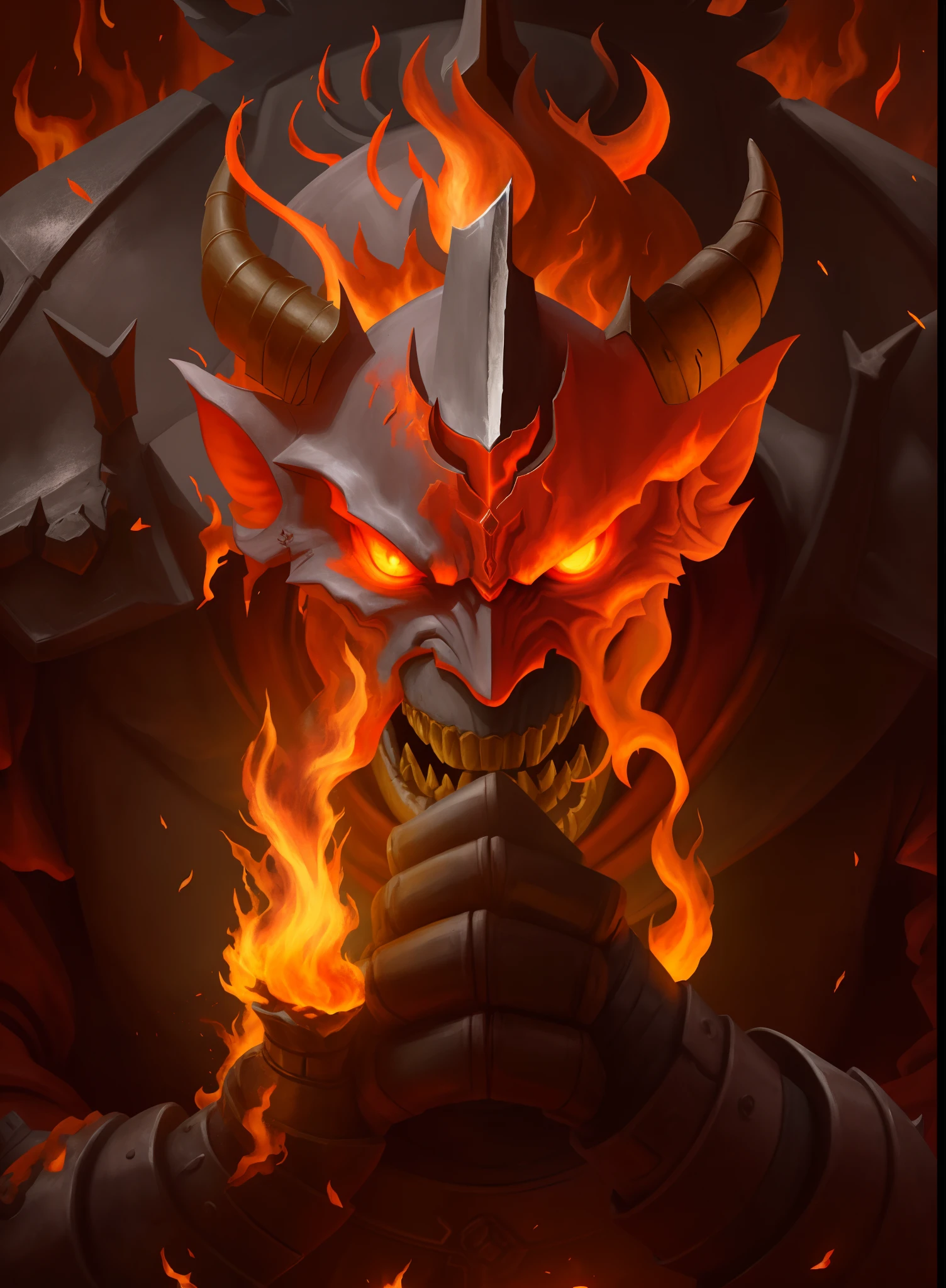 Close-up of fire demon holding a sword in the stone area, flame conjuring armored, ruler of inferno, black fire color reflected armor, fire demon, pyromancer, Diablo, fire giant, Demon armor, minotaur from path of exile, Diablo 2, Diablo 4, firemage, lord of cinder, Red demon armor, holy flame spell