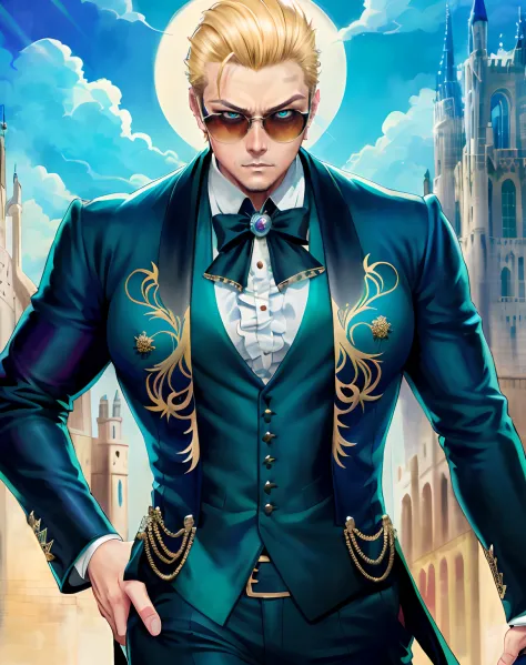 1boys, (Man), manly body, anime big breast, Extremely detailed, ultra - detailed, (Broad shoulders), (Perfect face), illustration, Soft lighting, 2D, Intricate, Cowboy shot, Detailed eyes, Blonde hair, Short hair, teal eyes, Sexy, shades, Black Tailcoat, (...