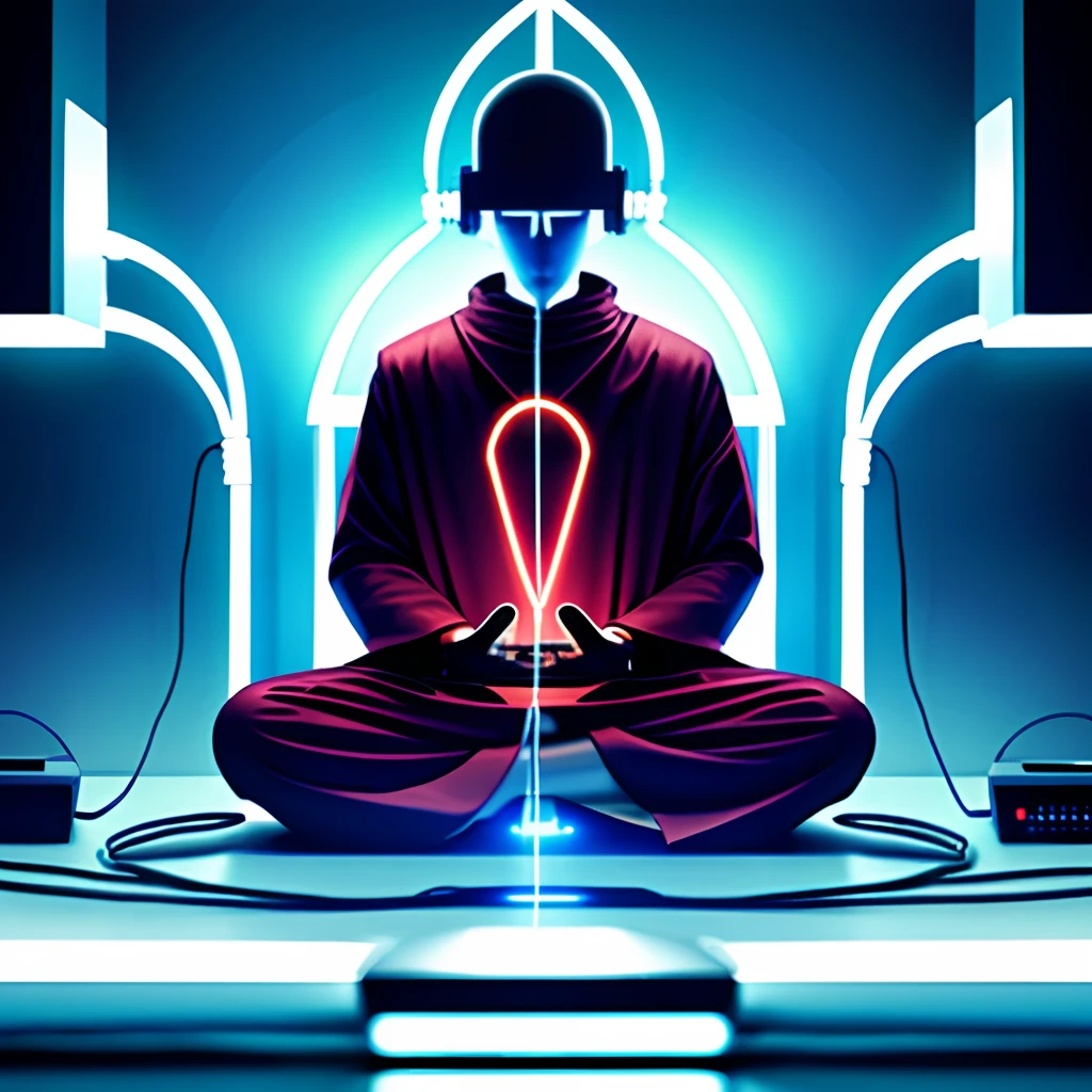 digital god, beliver, single monk wearing a helmet kneeling and meditating with wires connecting him to a computer,  dystopian scifi, horror,