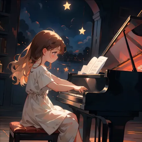 7. A Night of Music：Talented little girl sitting at the piano，She wore a maroon dress，Fingers gently play warm melodies，The note...