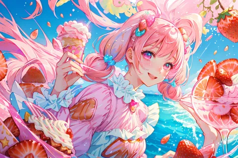 beautiful detailed fashion magazine style, pink hair girl wearing pastel decora fashion, intricate illustration, ice cream, swee...
