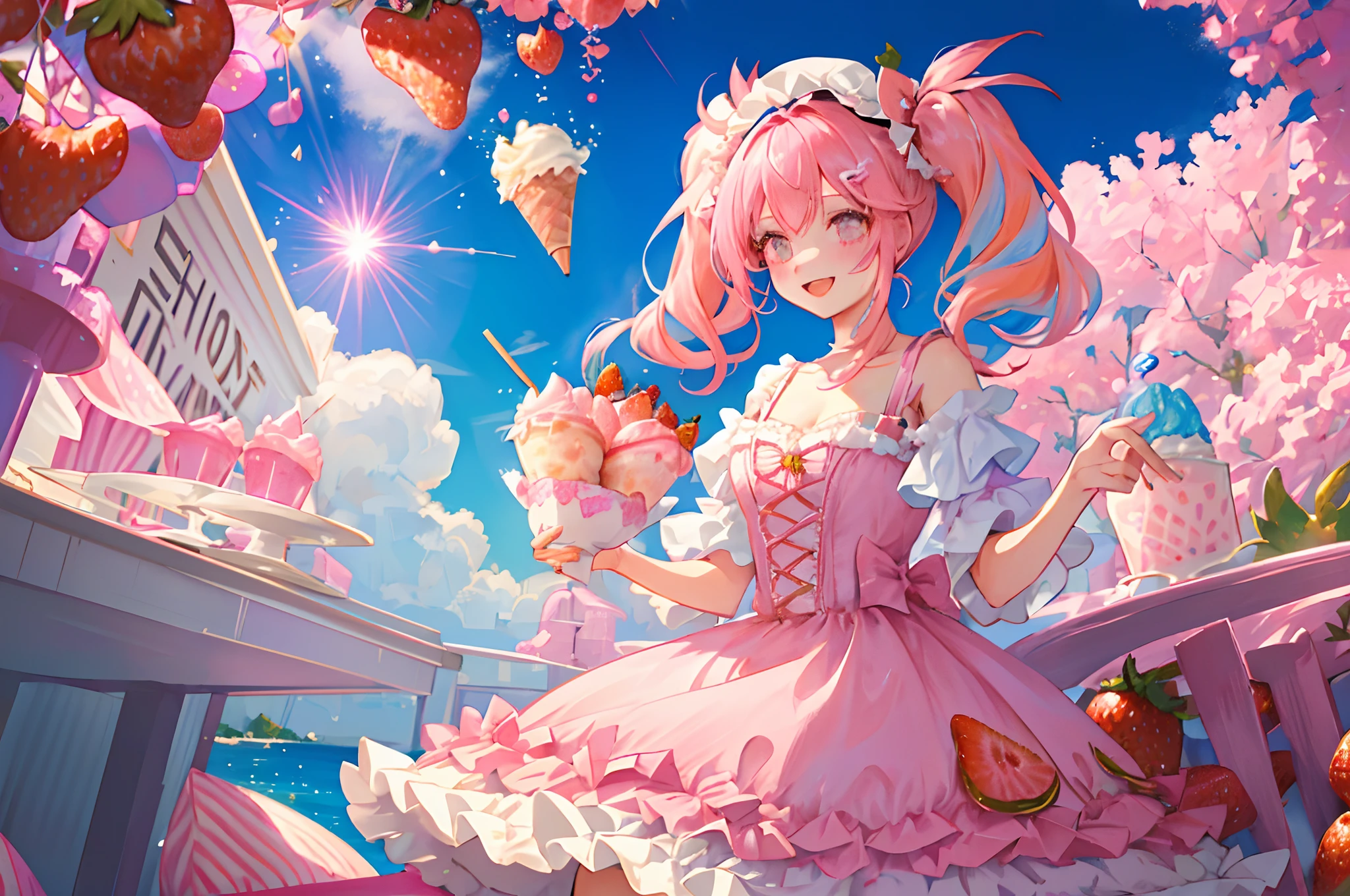 beautiful detailed fashion magazine style, pink hair girl wearing pastel decora fashion, intricate illustration, ice cream, sweets, shimmer, iridescent, light particles, cake, strawberries, fruits, dynamic angle, pink theme, pink hair, twintail, glossy, shiny clothes, lolita fashion, frills, smile, 8k