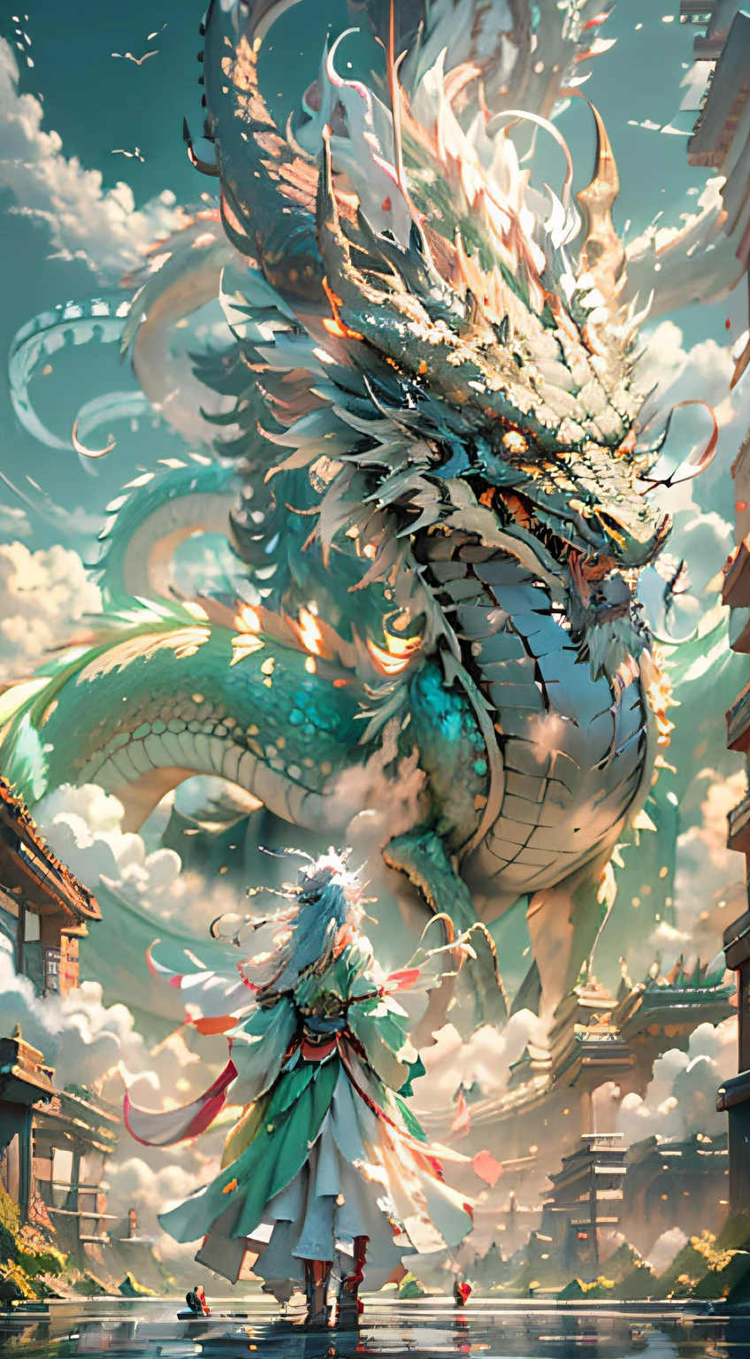 中国の白神龍が空に舞い上がった，（ドラゴンを操る少女：1.3），（少女はカメラに背を向けている：1.3，（（ハスの花，緑の服））），空の雲が周囲を囲んでいる，光の魔法，素晴らしい背景，意味の背景，ばかげた背景，芸術的なオーバーレイマルチカラーの髪があります, シュルレアリスム, 映画照明, レイトレーシング, 神の光, スピードライン, 視野角, ハイパーHD, 傑作, 最高品質, 超詳細, 高解像度, 高品質，（遠景：1.3），