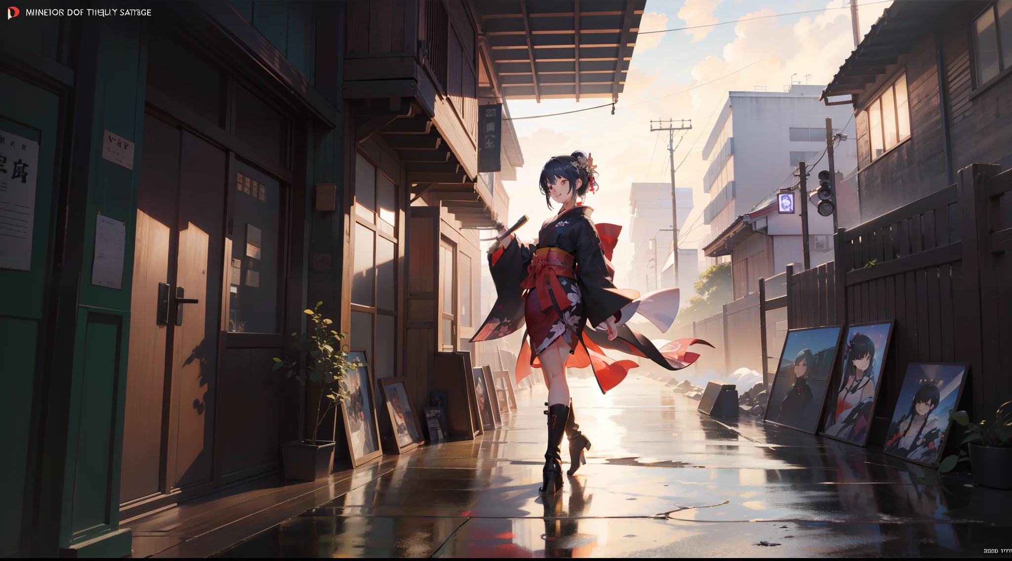 ​masterpiece、８ｋ、超A high resolution、detail portrayal、Smooth depiction、Accurate rendering、Triangular Composition、19-year-old beautiful girl in anime style、Wearing a cyberpunk-style kimono、Metallic boots、((The city of Edo、Complex wooden building、A smile))、high sky、Into the cloud、Full body depiction、Splash Art Style、collapse、
