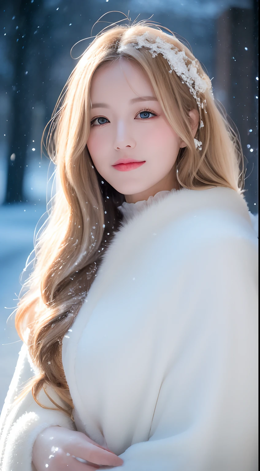((best qualtiy, 8k, tmasterpiece:1.3)), Focus:1.2, perfect figure beautiful woman:1.4, Cocked buttocks:1.2, ((long whitr hair)), (Thick fur collar cape:1.1) , (Falling snow, street，stop，copse，snow cover:1.3),Lace aristocratic Lolita costume:1.1, Highly detailed facial and skin texture, A detailed eye, double eyelid，Whiten skin，ssmile，huge tit，Cinematic lighting，Detailed details，Real hair and skin，