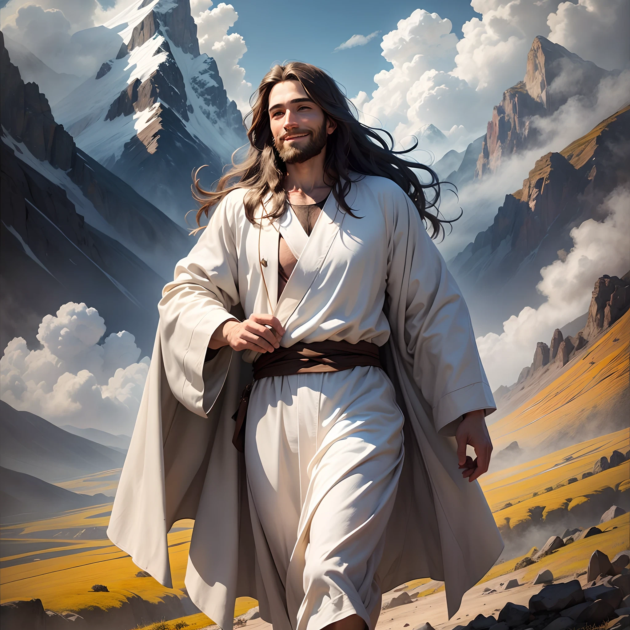 Jesús,Retrato, luz tenue, un hombre con cabello largo y castaño y barba, vistiendo una bata blanca y una faja azul, Caminando en la montaña, sonriendo suavemente, montañas y nubes al fondo, 8K, pintura al óleo