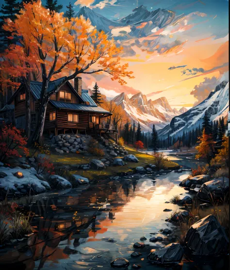 painting of a cabin in the mountains with a lake and a mountain in the background, detailed painting 4 k, beautiful art uhd 4 k,...