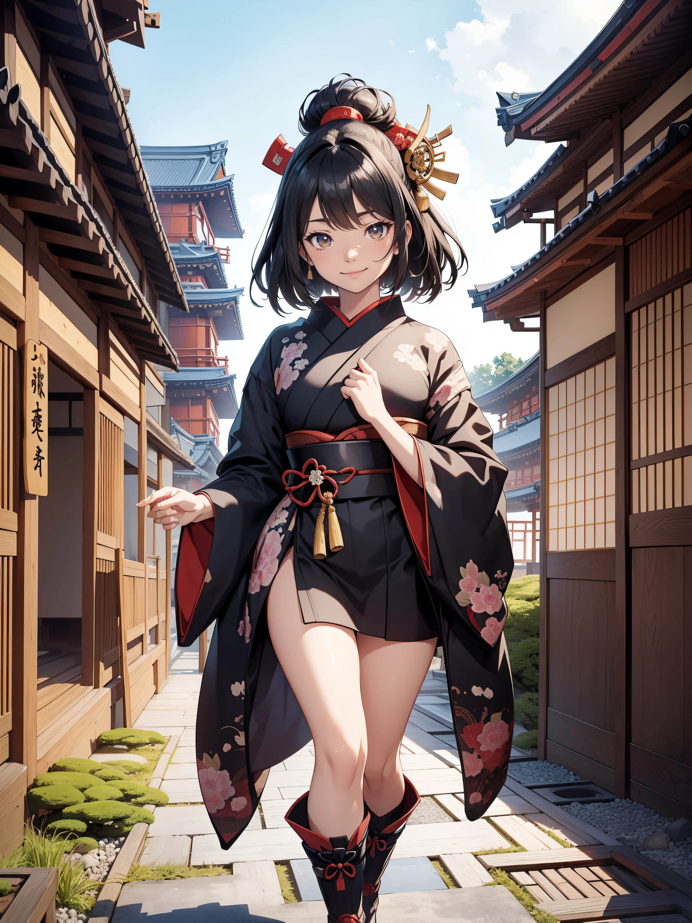 ​masterpiece、８ｋ、(edo period,Japan traditions:1.5)、超A high resolution、detail portrayal、Smooth depiction、Accurate rendering、Triangular Composition、19-year-old beautiful girl in anime style、Wearing a cyberpunk kimono、Metallic boots、((The city of Edo、Complex wooden architecture、A smile))、high sky、Into the cloud、Full body depiction、Splash Art Style、collapse、