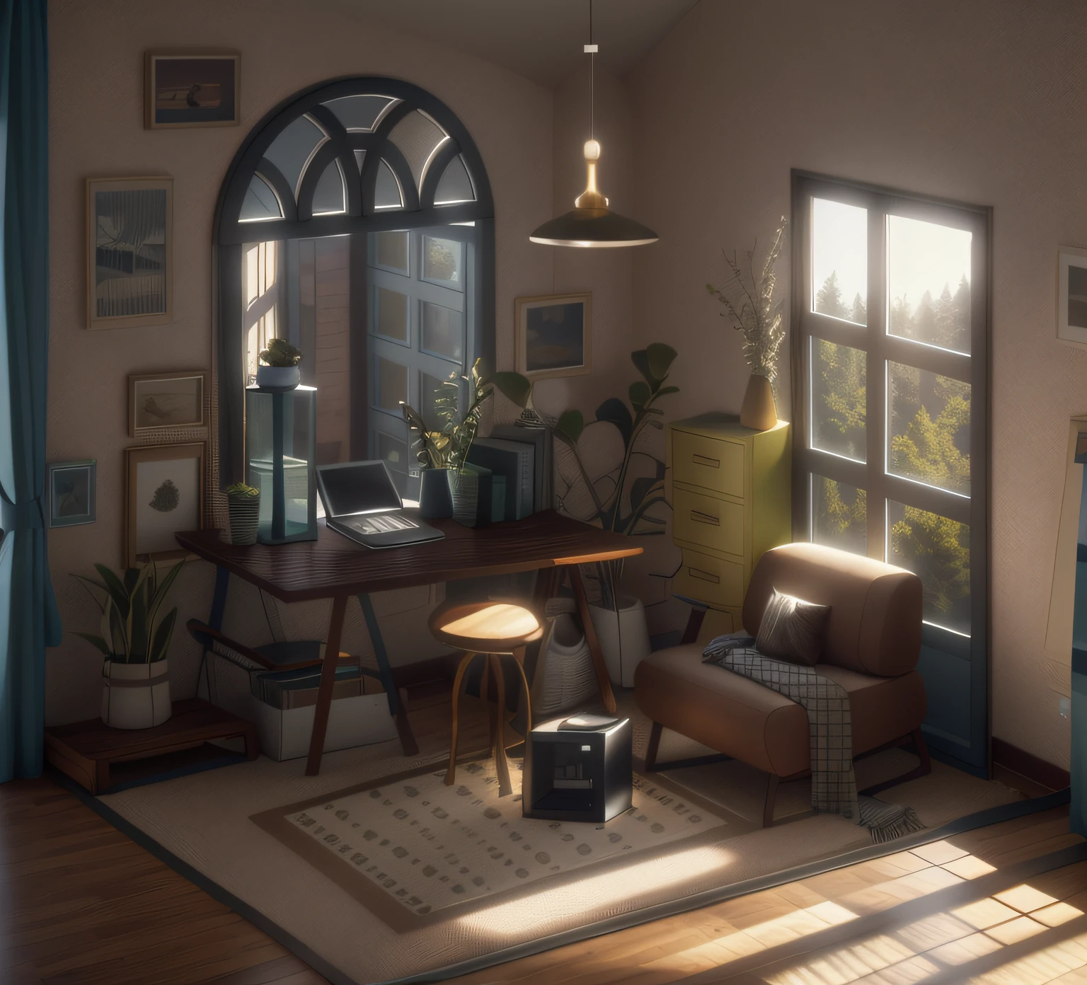 drinnen im Zimmer，Wohnzimmer mit Sofa，Tisch vor dem Fenster，stimmungsvolle Beleuchtung，epische Details，Hohe Auflösung，Hyperrealismus，Innenarchitektur，Corona-Rendering