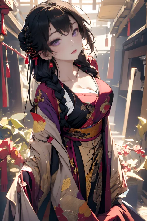 tmasterpiece，A woman who is，a matural female，Raised sexy，Bigchest，closeup cleavage，Wear purple tulle，Chinese Hanfu，Chinese Traditional Cloth，Black braided hair，Look up，Charming，closeup faces