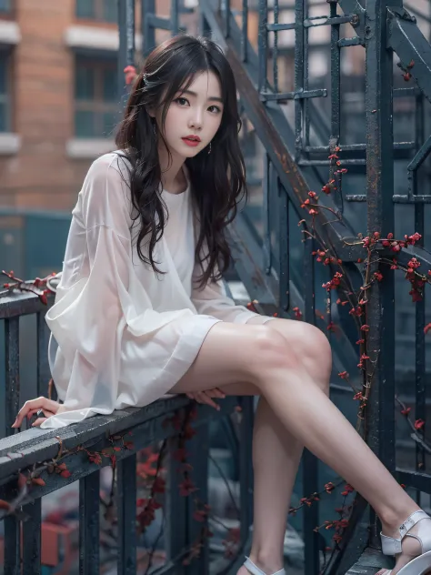 More realistic。18year old、Beautiful expression、A dark-haired。Woman Standing On Desolate Industrial Fire Escape、High angle camera...