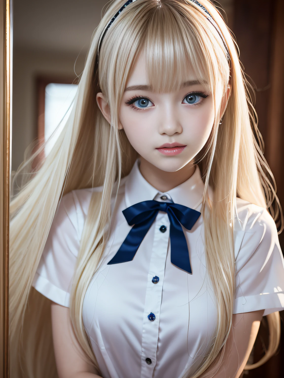 portlate、School Uniforms、bright expression、Young shiny shiny white shiny skin、Best Looks、Blonde reflected light、Platinum blonde hair with dazzling highlights、shiny light hair,、Super long silky straight hair、Beautiful bangs that shine、Glowing crystal clear attractive big blue eyes、Very beautiful nice cute 16 year old girl、Lush bust、