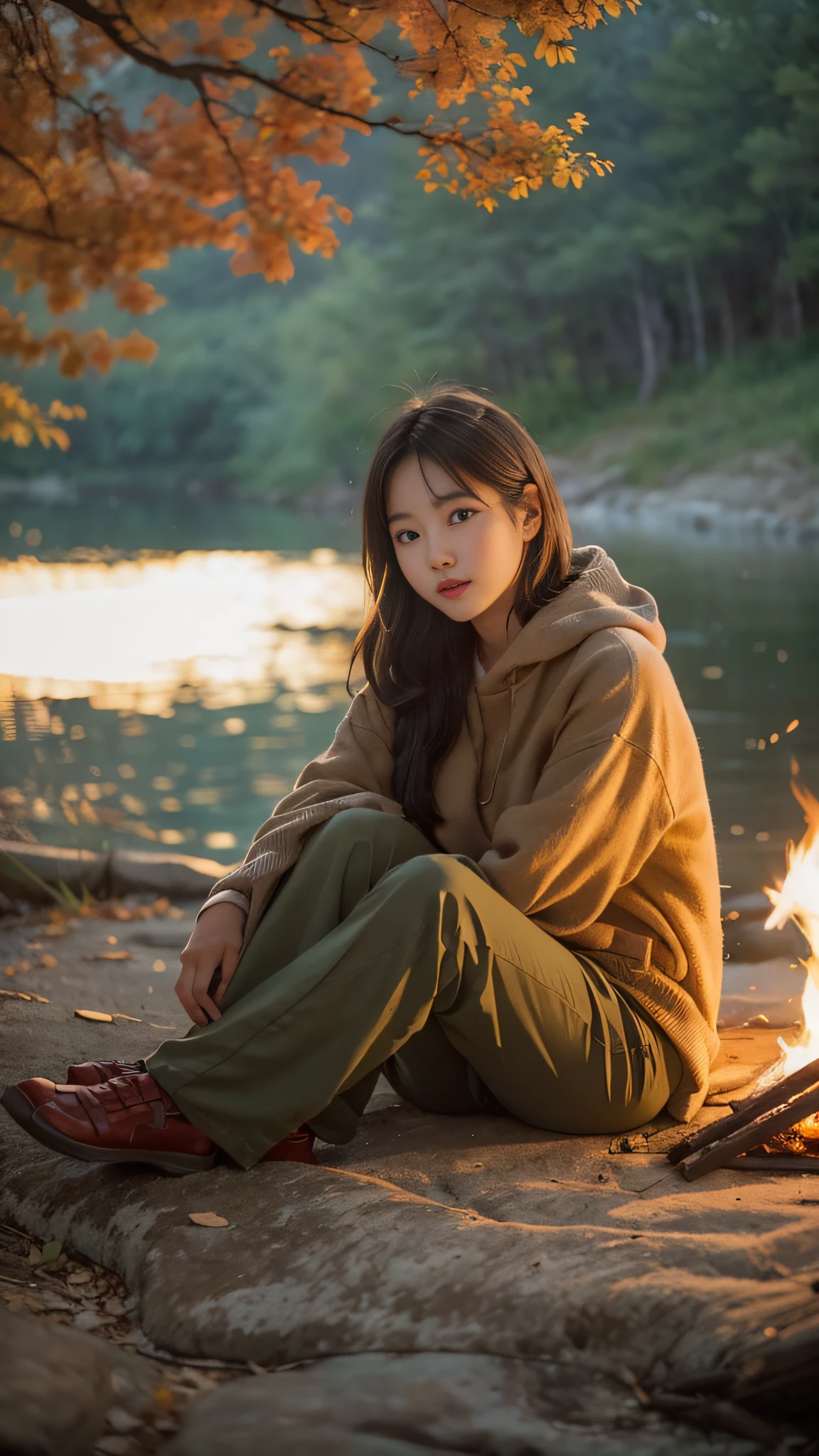 Please generate a realistic photograph of a beautiful 19-year-old Korean woman sitting by a campfire near a riverbank during twilight. The warm light from the campfire should illuminate her face and surroundings. She is sitting on a foldable chair, unaware of being photographed. Her beauty resembles that of a Korean idol or a martial arts actress, creating a captivating and almost fantastical atmosphere in the photo.

She is wearing a white jersey, and beneath it, she is not wearing anything else. Her proportions are approximately 9:1, giving her a tall and slender appearance. She has a short bob hairstyle, and her hair appears slightly brownish due to the fire's reflection. Her expression should be natural, reflecting the tranquility of the moment by the campfire.

Please ensure that the composition of the photograph captures the serene ambiance of the campfire scene, with the river and nature in the background, and the warm, soft light from the fire highlighting her features and the environment around her.