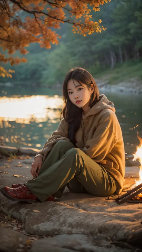 Please generate a realistic photograph of a beautiful 19-year-old Korean woman sitting by a campfire near a riverbank during twi...