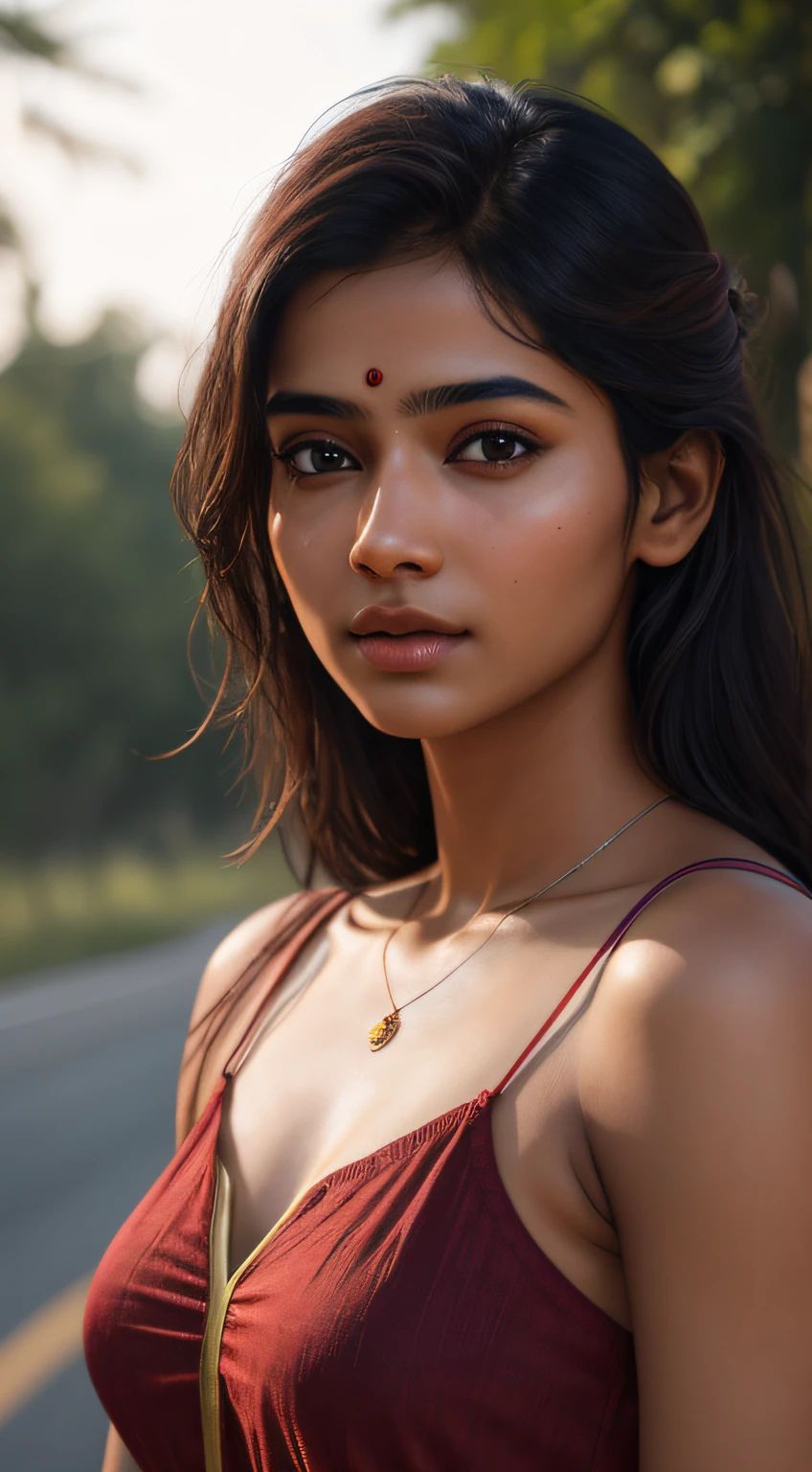 Joven india, 18 años, Blusa roja, iluminación suave, detalles faciales intrincados, tez perfecta, renderizado 3D de primer nivel, Híper realista, baleado en la carretera india. Fotorrealista digital art trending on Artstation 8k HD high definition detallado realistic, detallado, textura de la piel, hyper detallado, realistic textura de la piel, armadura, mejor calidad, resolución ultra alta, (Fotorrealista:1.4),, alta resolución, detallado, foto en bruto, cámara 400 f1.6 lentes de colores intensos textura realista hiperrealista iluminación espectacular motor irreal tendencia en artstation cinestill 800