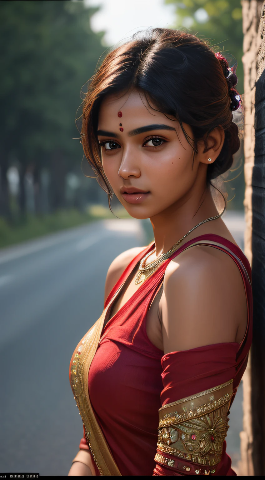 young Indian girl, 18-year-old, red top, gentle lighting, intricate facial details, flawless complexion, top-notch 3D rendering, hyper-realistic, shot on Indian road. photorealistic digital art trending on Artstation 8k HD high definition detailed realistic, detailed, skin texture, hyper detailed, realistic skin texture, armature, best quality, ultra high res, (photorealistic:1.4),, high resolution, detailed, raw photo, 400 camera f1.6 lens rich colors hyper realistic lifelike texture dramatic lighting unrealengine trending on artstation cinestill 800
