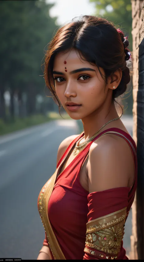 young Indian girl, 18-year-old, red top, gentle lighting, intricate facial details, flawless complexion, top-notch 3D rendering, hyper-realistic, shot on Indian road. photorealistic digital art trending on Artstation 8k HD high definition detailed realisti...