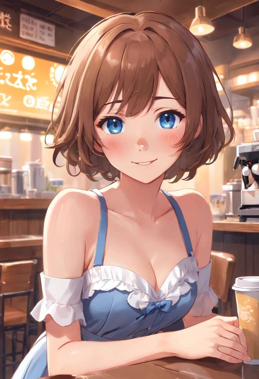 Anime girl with blue eyes sitting at a table with a cup of coffee - SeaArt  AI