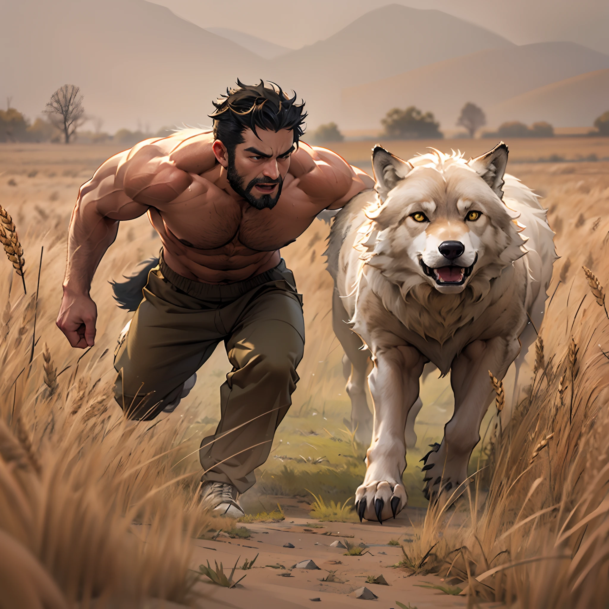 30 years old, Male, Fully naked, stubbles, Huge muscles, Mature man, Muscle swelling, Bodybuilding, chest muscles, Abs, Natural light, Wheat-colored skin, 1人, Wolverine, Naked, werecreature, Predators and prey, Hunting, Run through empty fields, Side view, Wolves as pets, Men have wolf ears, Displays a side view of the whole body, The wolf cub is following the man, wide - angle shot, Best quality, Highly detailed, Chase sheep, Frightened sheep
