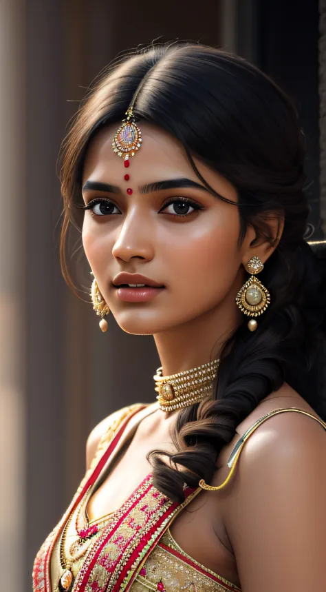 young Indian girl, 18-year-old, traditional dress, gentle sun lighting on face , intricate facial details, flawless complexion, ...