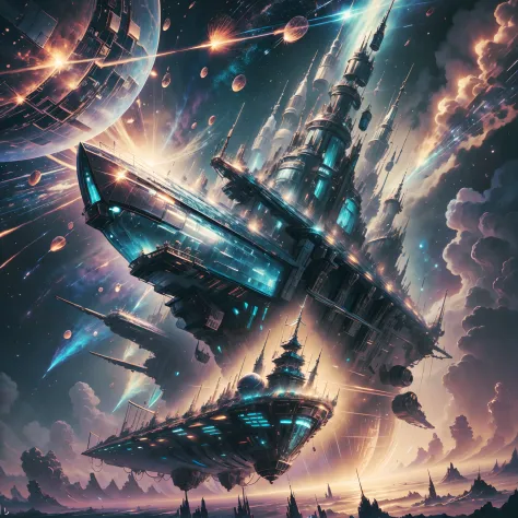 Painting of a space battleship floating in space surrounded by planets, meteor shower, Shining stars々,intergalactic, Space in the background, Fantasy, Highly detailed digital art in 4K, High quality detail art in 8K, in style of cyril rolando, detailed fan...