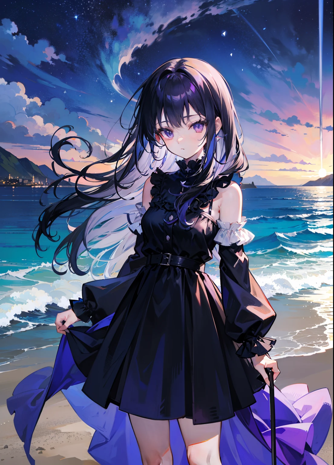 (tmasterpiece,best qualtiy,style of anime,Sense of atmosphere，"the ocean at night、Main colorDeep blue、Secondary color Starlight、Background color is night、romantic style、Shape girl、Texture sea waves and starry sky glow、Rhine coastline and girl's hair flow、Scene of form girl standing on the beach"Black long hair、Purple eyes、Purple aura、The sword、arma、The sword、