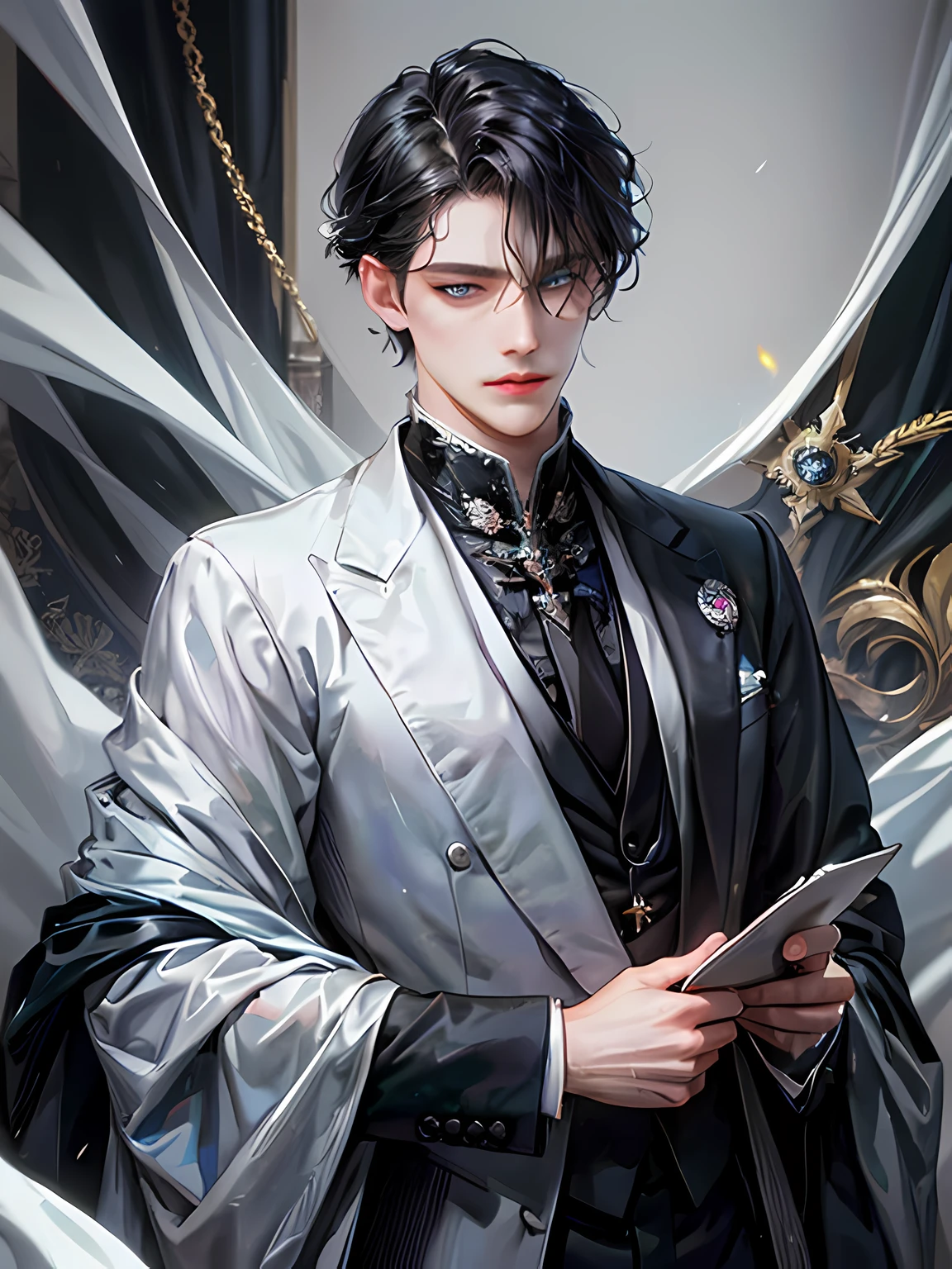 8K masterpiece superlative, illuminated by a mix of photorealism and anime aesthetics, a stunning (close-up) of a man in a black white gold suit and tie, beautiful androgynous prince, delicate androgynous prince, handsome prince, ((wearing aristocrat clothes)), he has dark black hairs, bangs parted either on the side or at the center, best done in a 3:7 ratio hairstyle, blue eyes, cold look, sharp eyes, stern face, aristocratic appearance, handsome male vampire, royal elegant pose, johan liebert mixed with alucard, korean art nouveau anime, victorian-era lanscape, victorian clothes, arisocratic clothes.