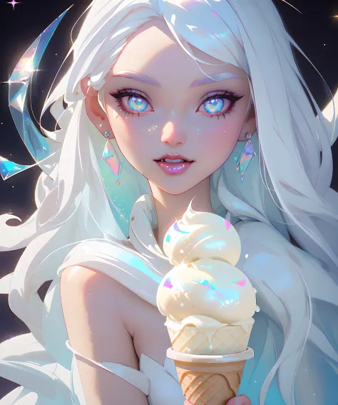 masterpiece, highest quality, (perfect face:1.1, (high detail)1.1, sweet Alien vampire eating ice cream, long soft white hair, o...