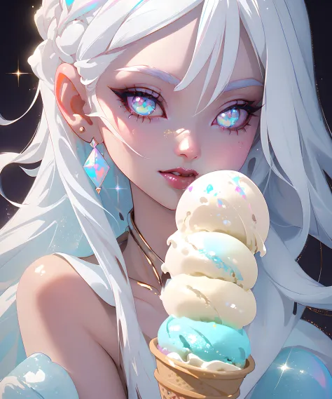 masterpiece, highest quality, (perfect face:1.1, (high detail)1.1, sweet Alien vampire eating ice cream, long soft white hair, opal eyes, perfectly drawn face, ice cream shoppe detailed background, prismatic lighting, glitter
