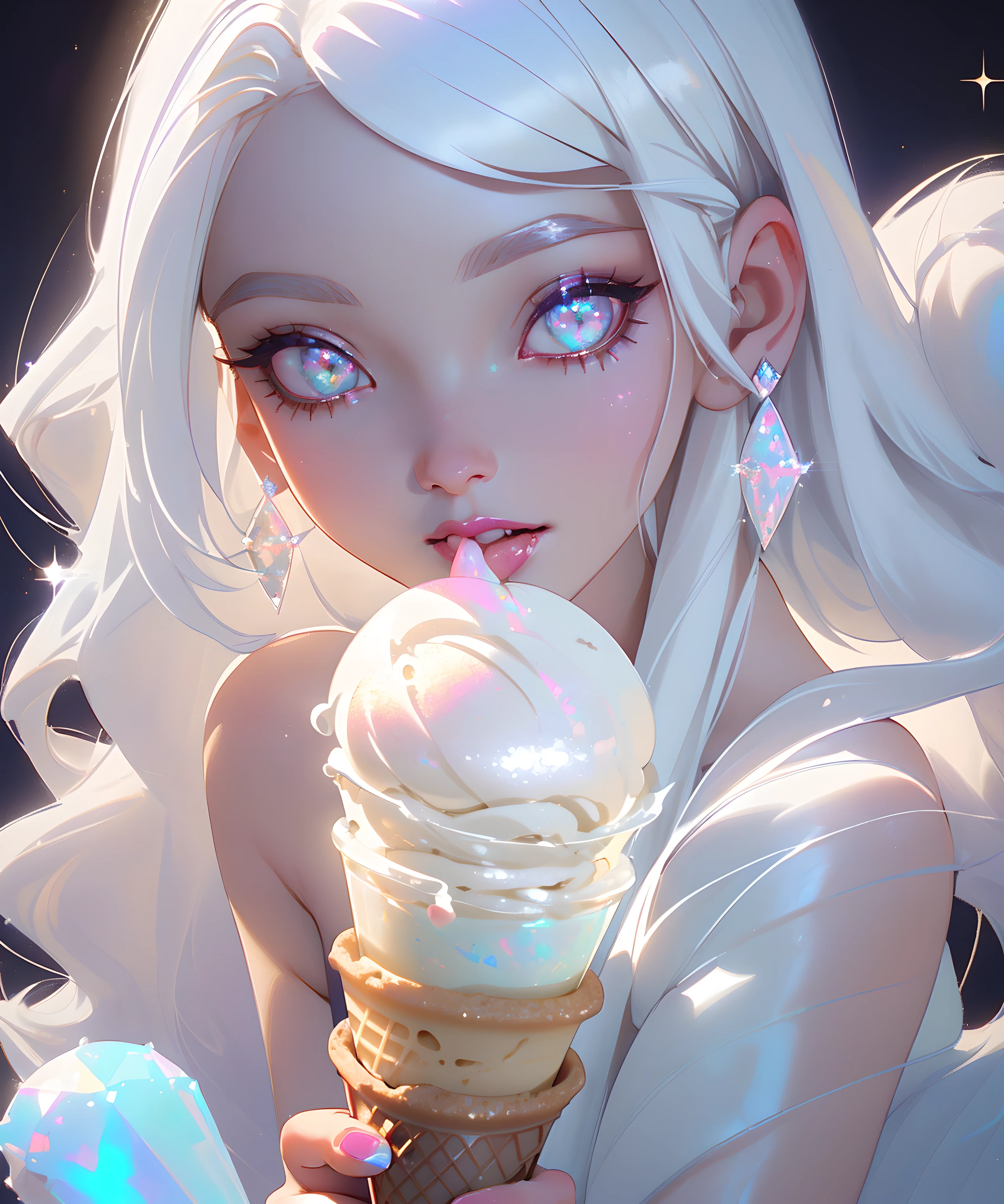 masterpiece, highest quality, (perfect face:1.1, (high detail)1.1, sweet Alien vampire eating ice cream, long soft white hair, opal eyes, perfectly drawn face, ice cream shoppe detailed background, prismatic lighting, glitter