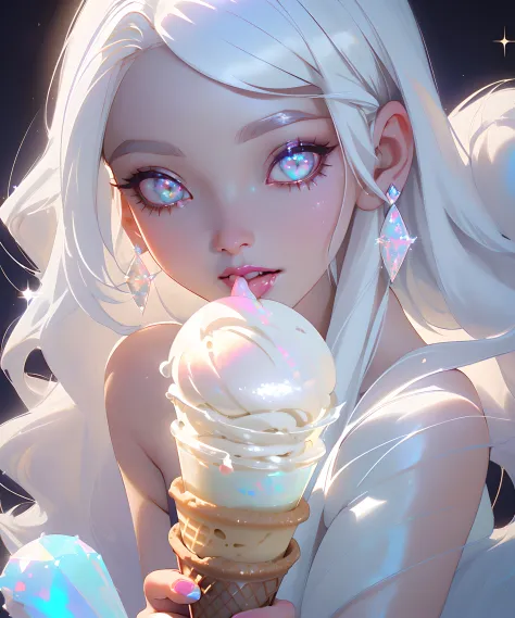 masterpiece, highest quality, (perfect face:1.1, (high detail)1.1, sweet Alien vampire eating ice cream, long soft white hair, o...