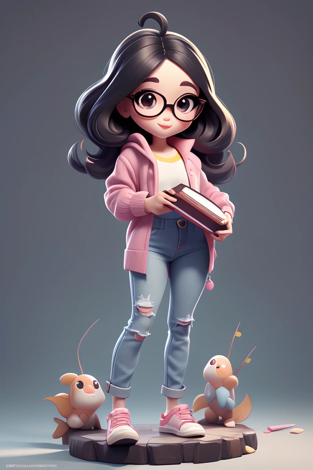 Estilo Chibi, vaqueros, pelo medio suelto, Pescador, sonreír, Chica sosteniendo un libro con gafas, cuerpo completo para pies, con un vestido rosa estilo muñeca, Estilo 3dm, Mira al espectador,