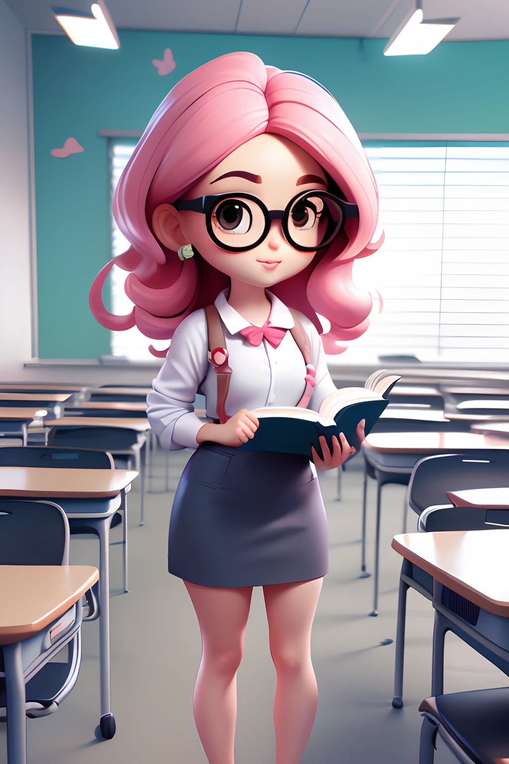 chibi style, pink  hair, A pinch of cyan, fisherman, sorrido, Teacher girl reading a book while wearing glasses, master part, Estilo 3dm, Look to viewer, (((simple background))), (((classroom background)))