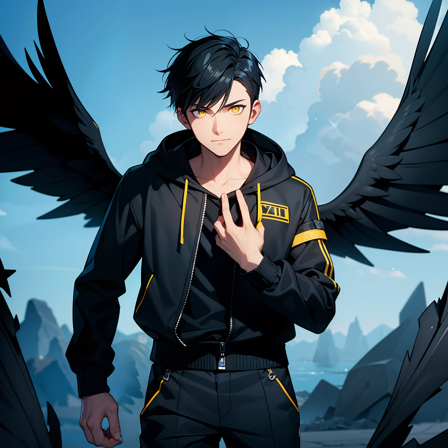 A boy with black spiky hair, yellow eyes, blue jumpsuit with a hood, black wings, dark effects coming from the hands, plain sky background