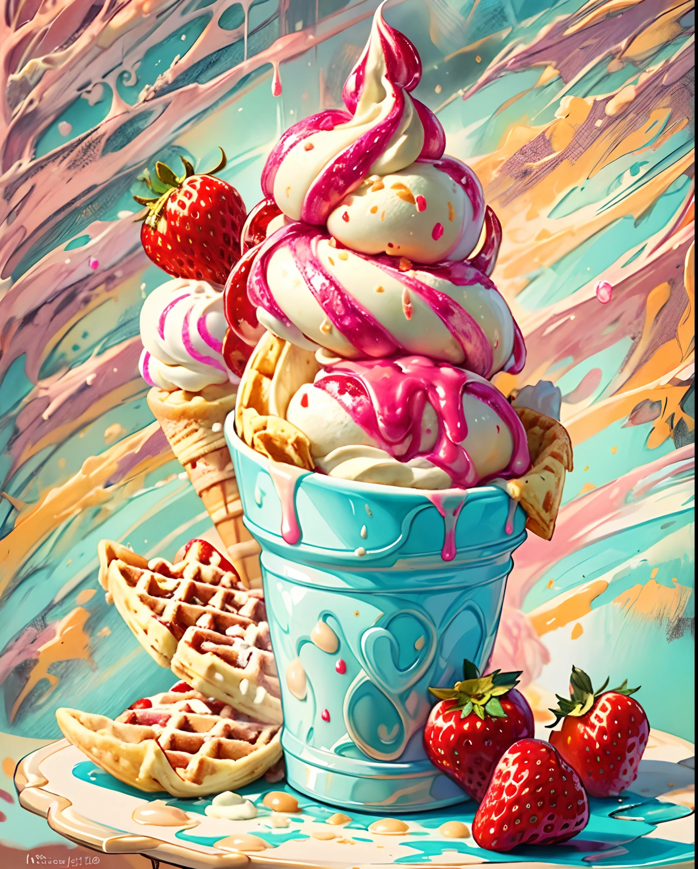 Explore a single Italian-style ice cream, a swirl of creamy vanilla and strawberry gelato, intertwined in a waffle cone, capturing the perfect balance of sweetness and fruitiness, highlighted in a vibrant and playful composition, Artwork, digital painting with an emphasis on texture and color contrast