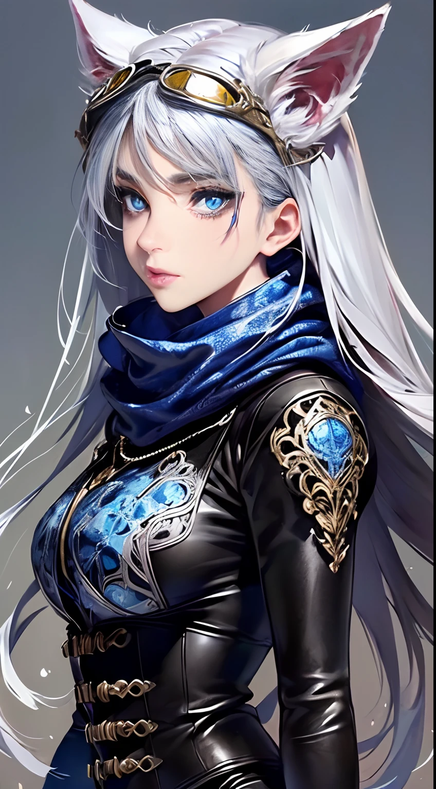 (Top resolution, Distinct_image) Best Quality, Women's masterpieces, Highly detailed, 1womanl，solo person，Half realistic, (Systemic), Silver hair, bangs, 18 years old, young, Silver Accessories,Short Grey Silver Lace Skirt, (((Perfect face:1))), Sharp face, (bright blue almond eyes), (standing painting), (Exquisite facial features, Exquisite facial features), adolable, ((Silver bodysuit with intricate design)), Silvery little cat ears, (((Wearing leather goggles with blue lenses))), ((Black scarf with blue floral pattern and intricate design)), Dark large bamboo forest on background, abandoned houses,