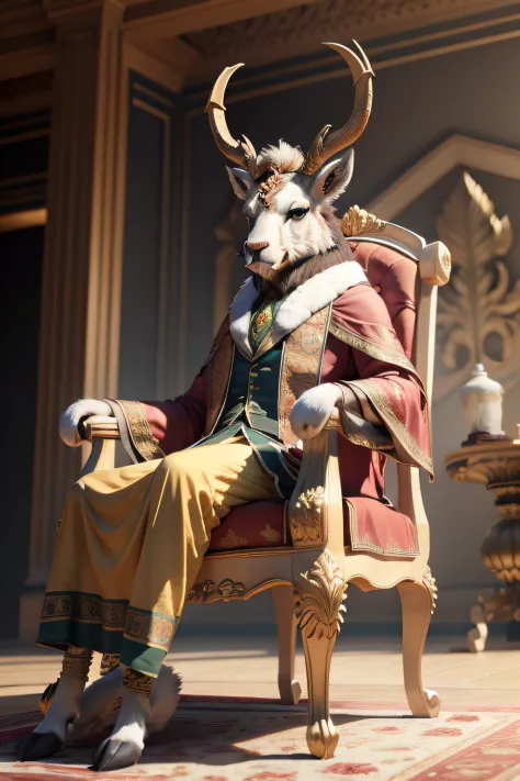pakistani national animal markhor sitting on a royal chair with with royal background ultra realistic 3d real