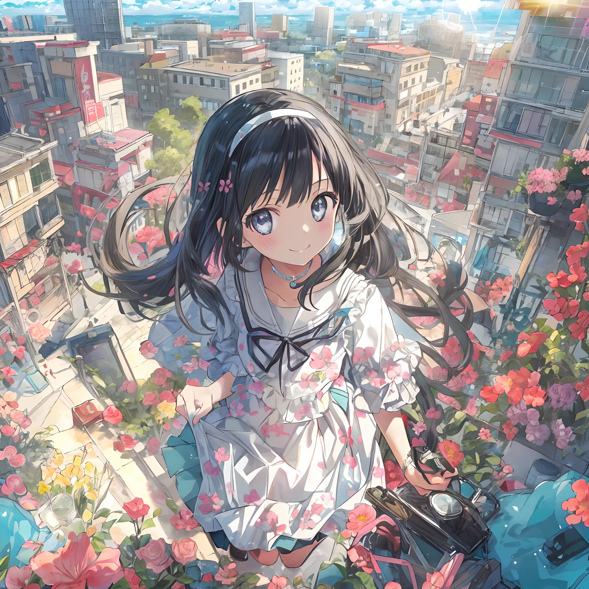 absurderes, hight resolution, (Anime style:1.1), ((masutepiece)), ((Best Quality)), (Ultra-detailed), (Beautiful), 独奏, Beautiful face、(liftup),12year old、Girl in a cute dress、Black colorful hair, Colorful black eyes,Looking at Viewer,Lens Flare,Dramatic, Coastal、(Lifted skirt:1.3)、I'm smiling、florals、full body Esbian