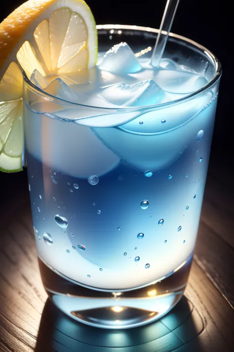 Poster for a refreshing Soda juice, 8k, high quilty, realistic, beautiful realistic, Cool details, raw photo, realistic juice, Light and cool lighting, photo realistic, Cel shaded, Gel lighting, ultra details, blue photo color